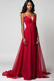 Red Spaghetti Straps A Line Long Bridesmaid Dress