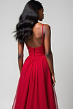 Red Spaghetti Straps A Line Long Bridesmaid Dress