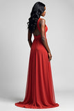 Red Spaghetti Straps A Line Long Bridesmaid Dress