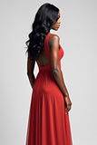 Red Spaghetti Straps A Line Long Bridesmaid Dress