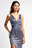 Steel Grey Mermaid Spaghetti Straps Long Bridesmaid Dress