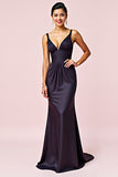 Mermaid Spaghetti Straps Navy Pleated Long Bridesmaid Dress