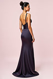 Mermaid Spaghetti Straps Navy Pleated Long Bridesmaid Dress