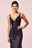 Mermaid Spaghetti Straps Navy Pleated Long Bridesmaid Dress