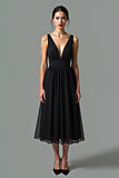 Deep V-Neck A-Line Chiffon Tea Length Little Black Dress with Open Back