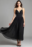 Spaghetti Straps A-Line Maxi Black Dress with Open Back