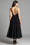 Spaghetti Straps A-Line Maxi Black Dress with Open Back