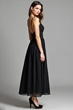 Spaghetti Straps A-Line Maxi Black Dress with Open Back