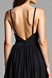 Spaghetti Straps A-Line Maxi Black Dress with Open Back