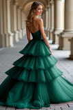 Sparkly Dark Green Strapless Ruffles Tulle Ball Gown Prom Dress with Sequins