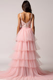 Blush Pink A-Line Spaghetti Straps Ruffles Pleated Tulle High-Low Prom Dress