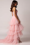 Blush Pink A-Line Spaghetti Straps Ruffles Pleated Tulle High-Low Prom Dress