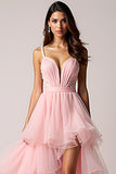 Blush Pink A-Line Spaghetti Straps Ruffles Pleated Tulle High-Low Prom Dress