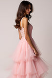 Blush Pink A-Line Spaghetti Straps Ruffles Pleated Tulle High-Low Prom Dress