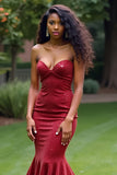 Sparkly Burgundy Mermaid Strapless Sequins Long Prom Dress