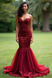 Sparkly Burgundy Mermaid Sweetheart Long Prom Dress with Sequins