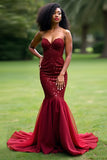 Sparkly Burgundy Mermaid Sweetheart Long Prom Dress with Sequins