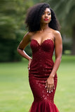 Sparkly Burgundy Mermaid Sweetheart Long Prom Dress with Sequins