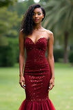 Sparkly Burgundy Mermaid Sweetheart Long Prom Dress with Sequins