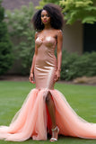 Blush Pink Mermaid Strapless Sequins Long Prom Dress with Slit