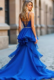 Royal Blue A-Line Spaghetti Straps Ruffles Beading Long Prom Dress with Slit