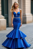 Royal Blue Mermaid Spaghetti Straps Ruffles Satin Long Prom Dress with Beading