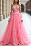 Pink Deep V Neck Tulle Prom Dress with Appliques