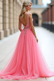 Pink Deep V Neck Tulle Prom Dress with Appliques