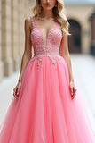 Pink Deep V Neck Tulle Prom Dress with Appliques