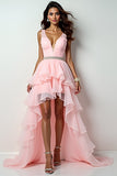 Blush Pink A-Line Deep V Neck Ruffles Hi-Low Prom Dress