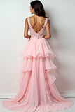 Blush Pink A-Line Deep V Neck Ruffles Hi-Low Prom Dress