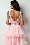 Blush Pink A-Line Deep V Neck Ruffles Hi-Low Prom Dress