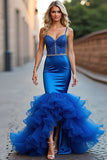 Royal Blue Mermaid Spaghetti Straps Ruffles Long Prom Dress with Beading