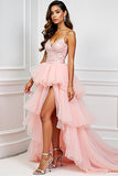 Blush Pink A-Line Spaghetti Straps Ruffled Tulle Long Prom Dress with Appliques