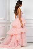 Blush Pink A-Line Spaghetti Straps Ruffled Tulle Long Prom Dress with Appliques