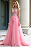 Pink A-Line Spaghetti Straps Tulle Long Prom Dress with Beading