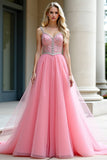 Pink A-Line Spaghetti Straps Tulle Long Prom Dress with Beading