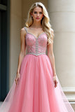 Pink A-Line Spaghetti Straps Tulle Long Prom Dress with Beading