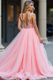 Glitter Blush Pink A-Line Deep V Tulle Appliques Long Prom Dress with Slit