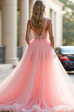 Glitter Blush Pink A-Line Deep V Tulle Appliques Long Prom Dress with Slit