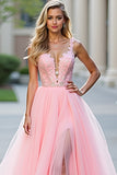 Glitter Blush Pink A-Line Deep V Tulle Appliques Long Prom Dress with Slit