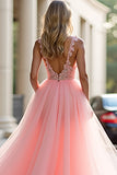 Glitter Blush Pink A-Line Deep V Tulle Appliques Long Prom Dress with Slit