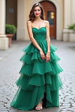 Dark Green Strapless A-Line Ruffles Tulle Long Prom Dress