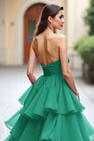 Dark Green Strapless A-Line Ruffles Tulle Long Prom Dress