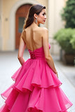 Dark Green Strapless A-Line Ruffles Tulle Long Prom Dress