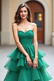 Dark Green Strapless A-Line Ruffles Tulle Long Prom Dress