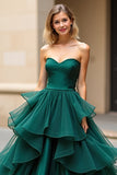 Dark Green A-Line Strapless Ruffled Tulle Prom Dress