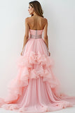 Glitter Blush Pink A-Line Strapless Ruffles High-Low Ruched Prom Dress with Beading