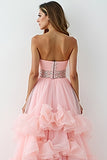 Glitter Blush Pink A-Line Strapless Ruffles High-Low Ruched Prom Dress with Beading