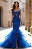 Sparkly Royal Blue Mermaid Spaghetti Straps Ruffles Long Prom Dress with Sequins